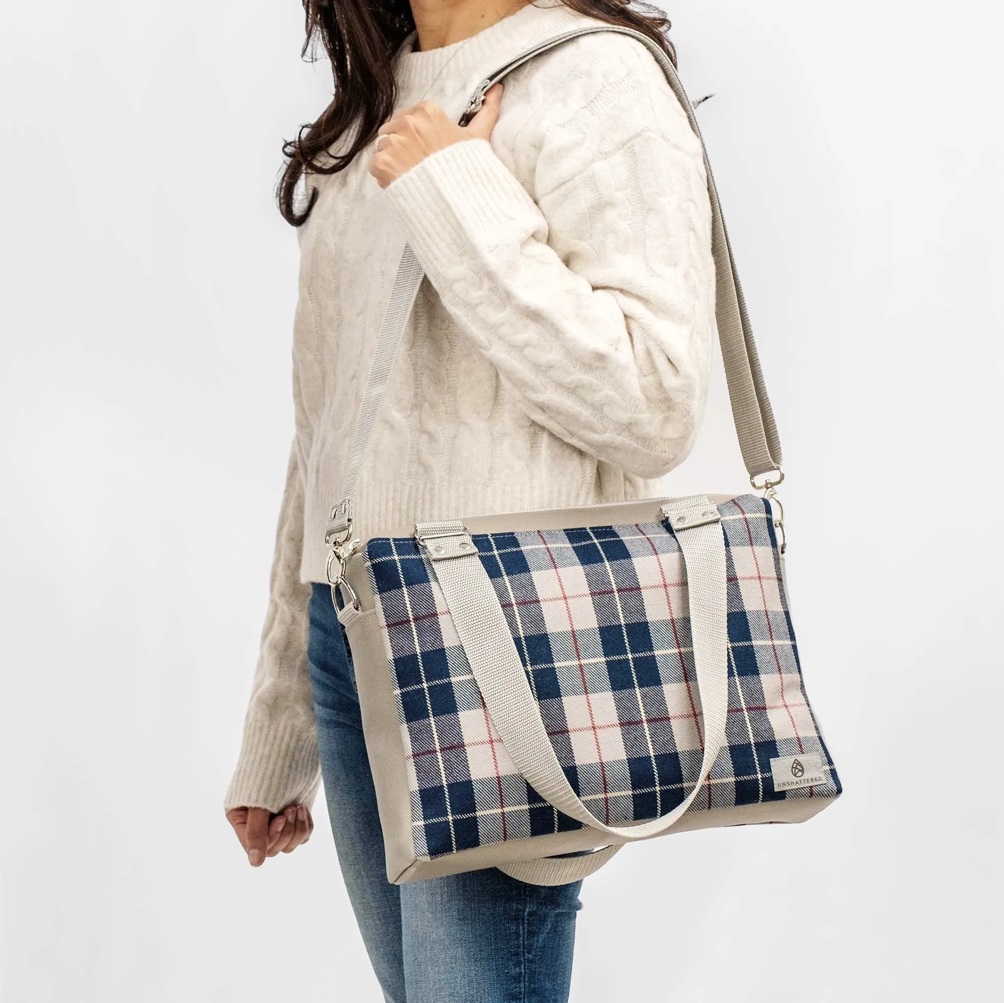 Zippered Convertible Handbag from Vintage Blue-Grey Plaid Mercedes-Benz Interior