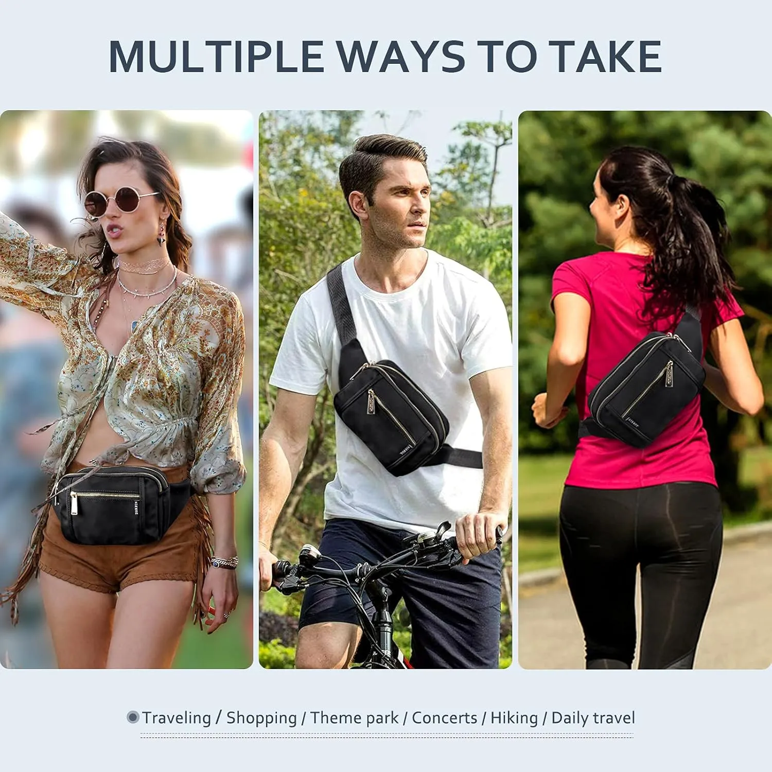 ZORFIN Fanny Packs for Women Men, Belt Bag with 5 Zipper Pockets, Fashion Waist Pack Crossbody Bag with Adjustable Belt for Travel/Shopping/Hiking/Running/Cycling (Coffee, Gray Zipper)