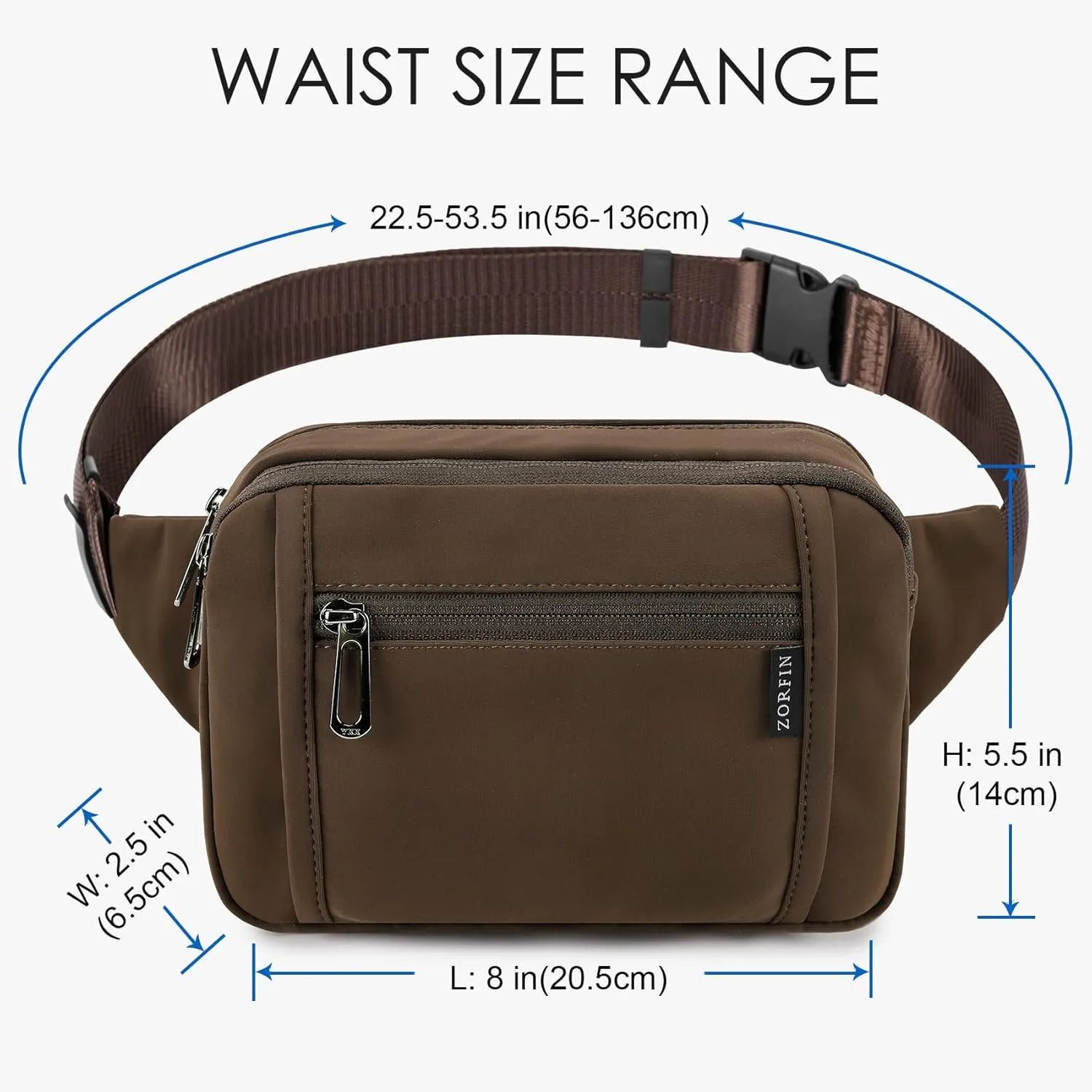 ZORFIN Fanny Packs for Women Men, Belt Bag with 5 Zipper Pockets, Fashion Waist Pack Crossbody Bag with Adjustable Belt for Travel/Shopping/Hiking/Running/Cycling (Coffee, Gray Zipper)